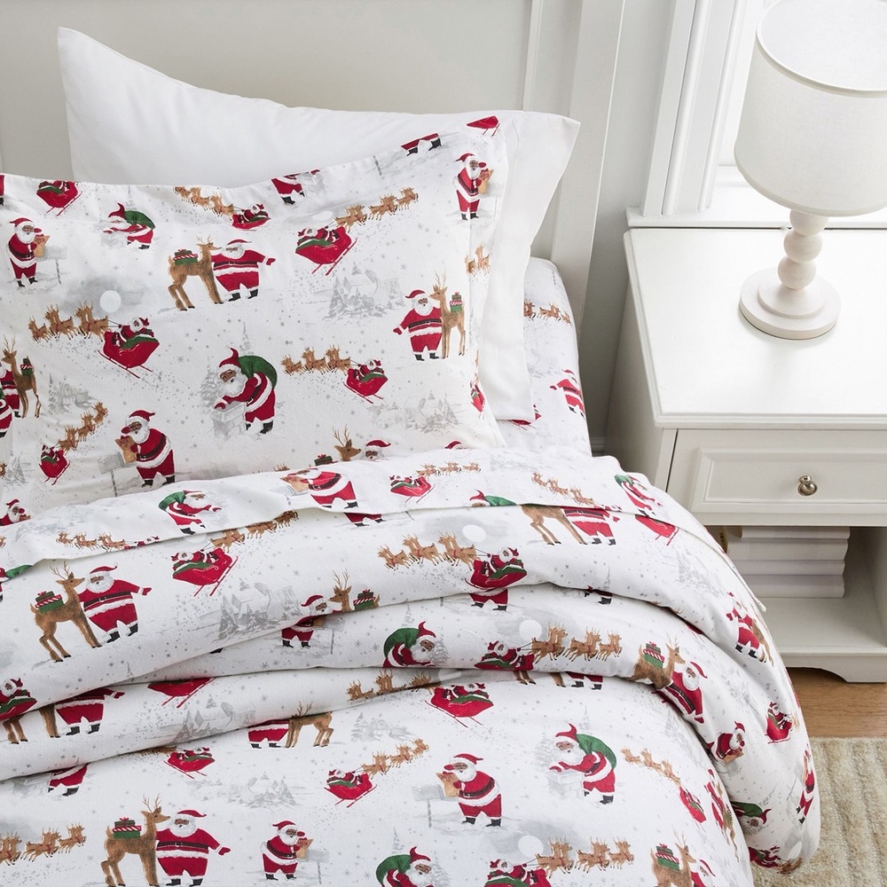 Like New! Pottery Barn Kids Santa and Reindeer Duvet Cover - Red and White- twin
